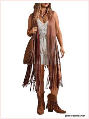 Plus Size Western Fringe Vest Boho Tassel Suede Cowgirl Sleeveless Jacket